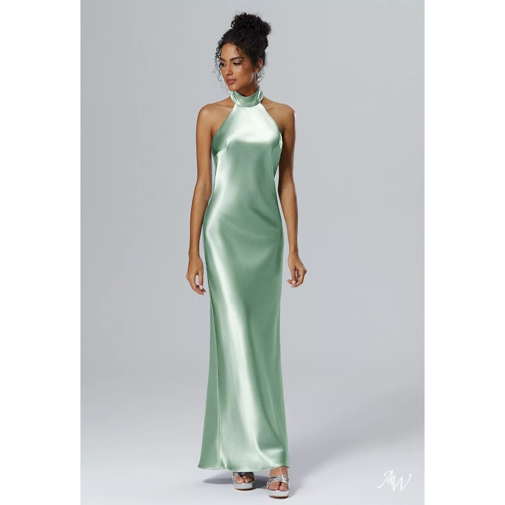 AW Bridal Sage Green Crystal Satin Halter Maxi Dress Formal Gown Slit Size 10